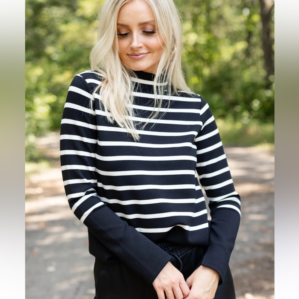 SPANX Air Essentials Mock Neck Black and White Striped Long Sleeve Top | L